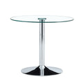 Modern Minimalist Circular Glass Dining Table with Electroplated Silver Metal Legs, 35-Inch Diameter