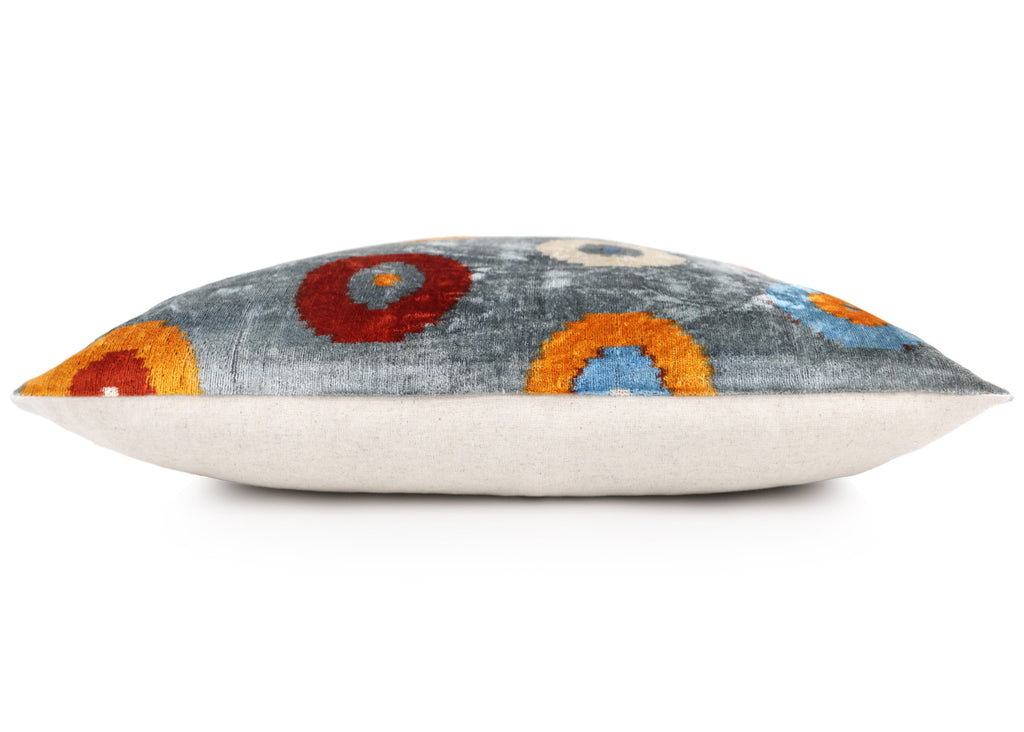 Luxury Handmade Velvet Throw Pillow – Handwoven Grey with Multicolor Circle Pattern | 20x20 in | Feather Insert Included