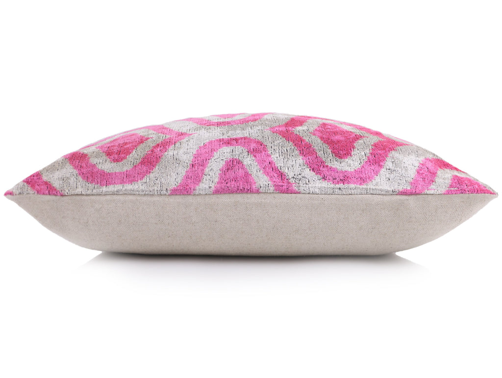 Handmade Pink Geometric Velvet Lumbar Pillow 16x24 – Luxury Silk Ikat Cushion