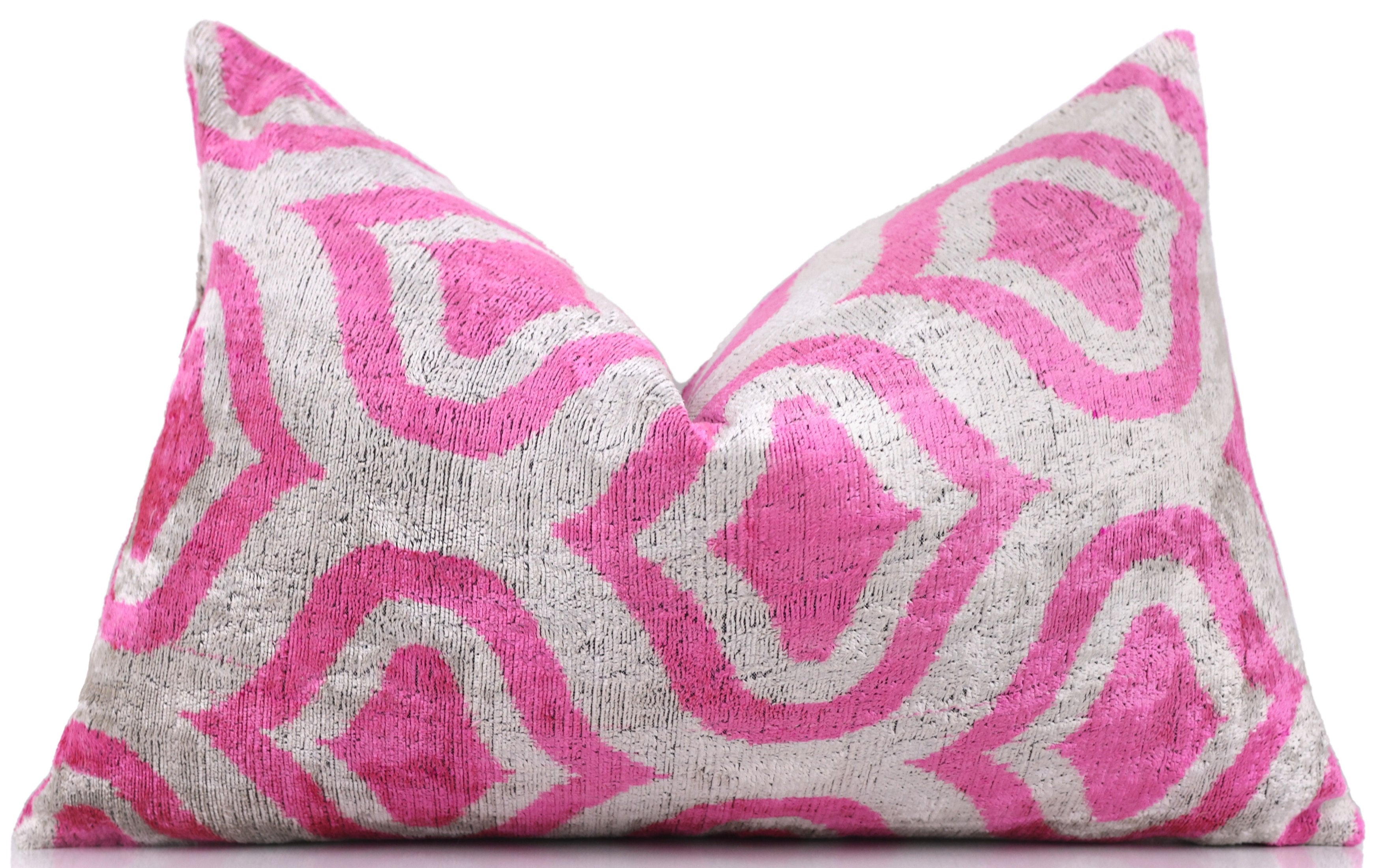 Handmade Pink Geometric Velvet Lumbar Pillow 16x24 – Luxury Silk Ikat Cushion