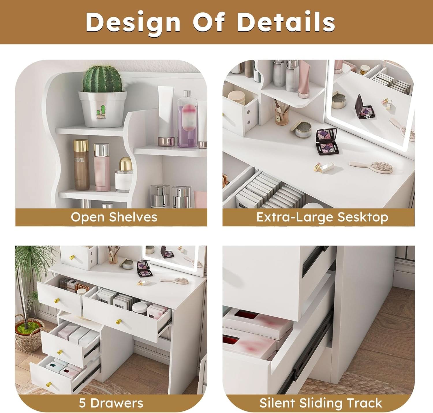 White Cosmetic Vanity Dressing Table 31.5 Inch Hidden Mirror-3