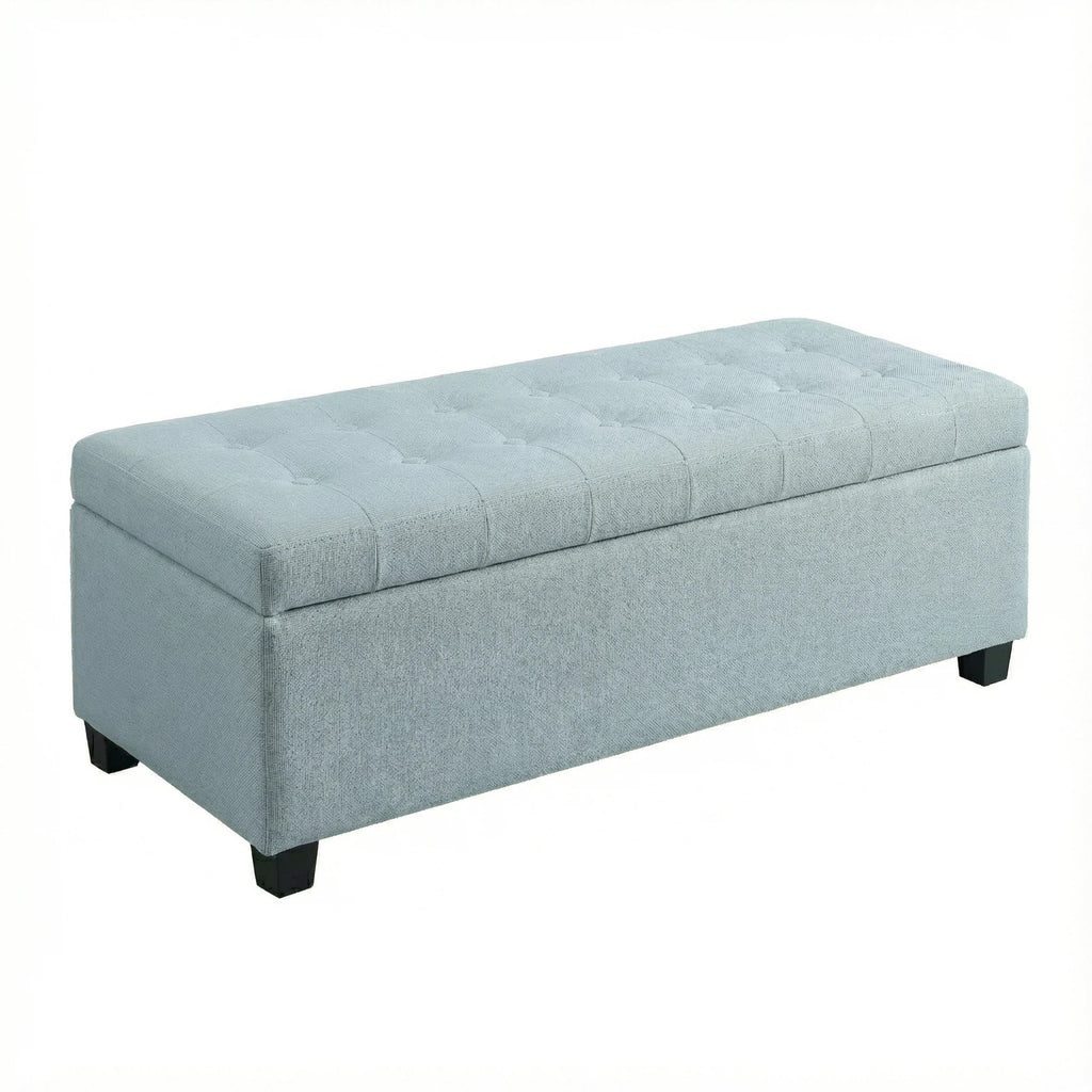 Tufted Storage Ottoman in Baby Blue with Wooden Legs, Polyester Fabric, 49.75 Inches, Holds 300 lb