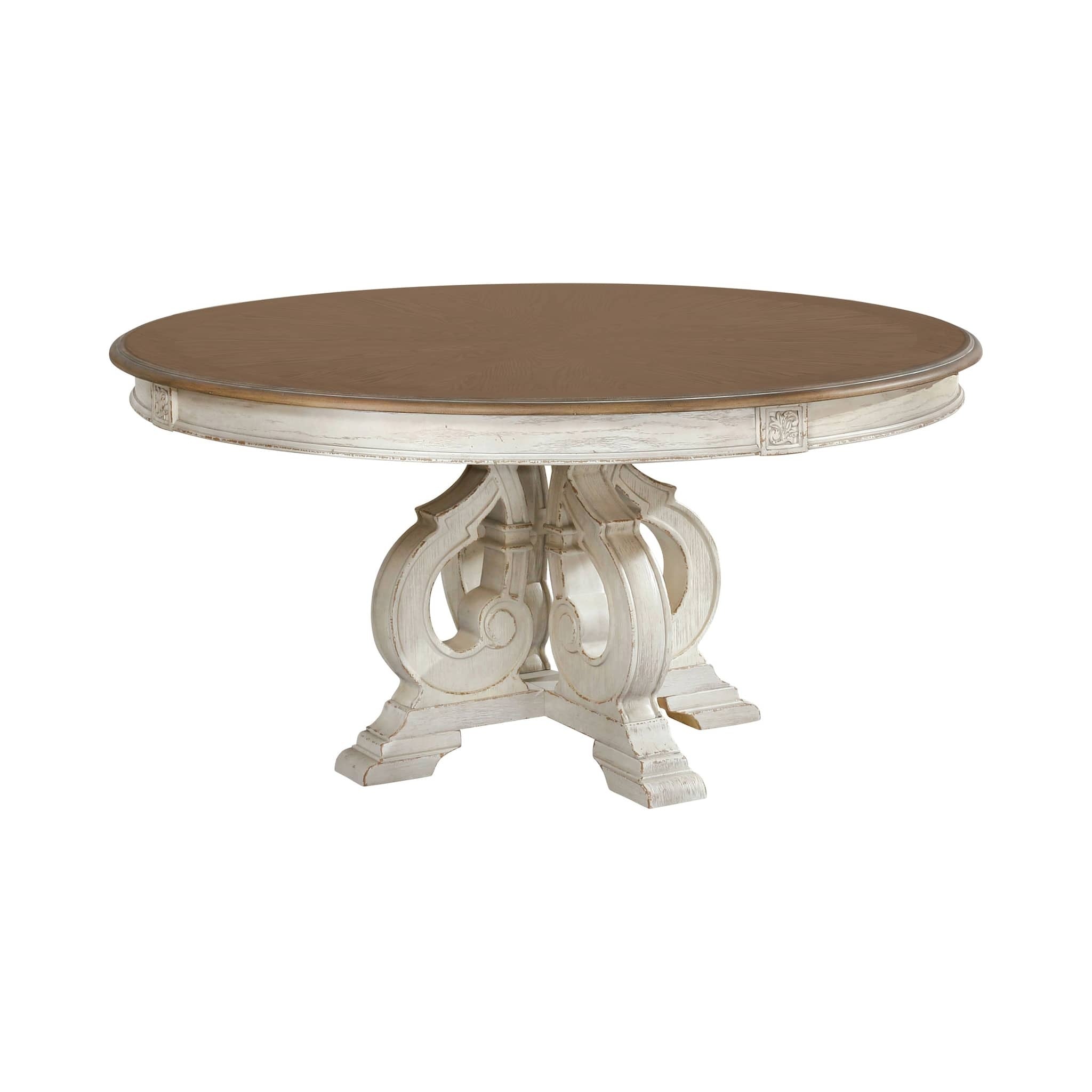 Elegant Rustic 7pc Dining Set Round Table with 6x Side Chairs in Antique White and Ivory Fabric Upholstered Seat, Solid Wood Construction