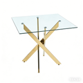 Modern Square Dining Table with Golden Metal Legs and Tempered Glass Top, 90x90x75cm