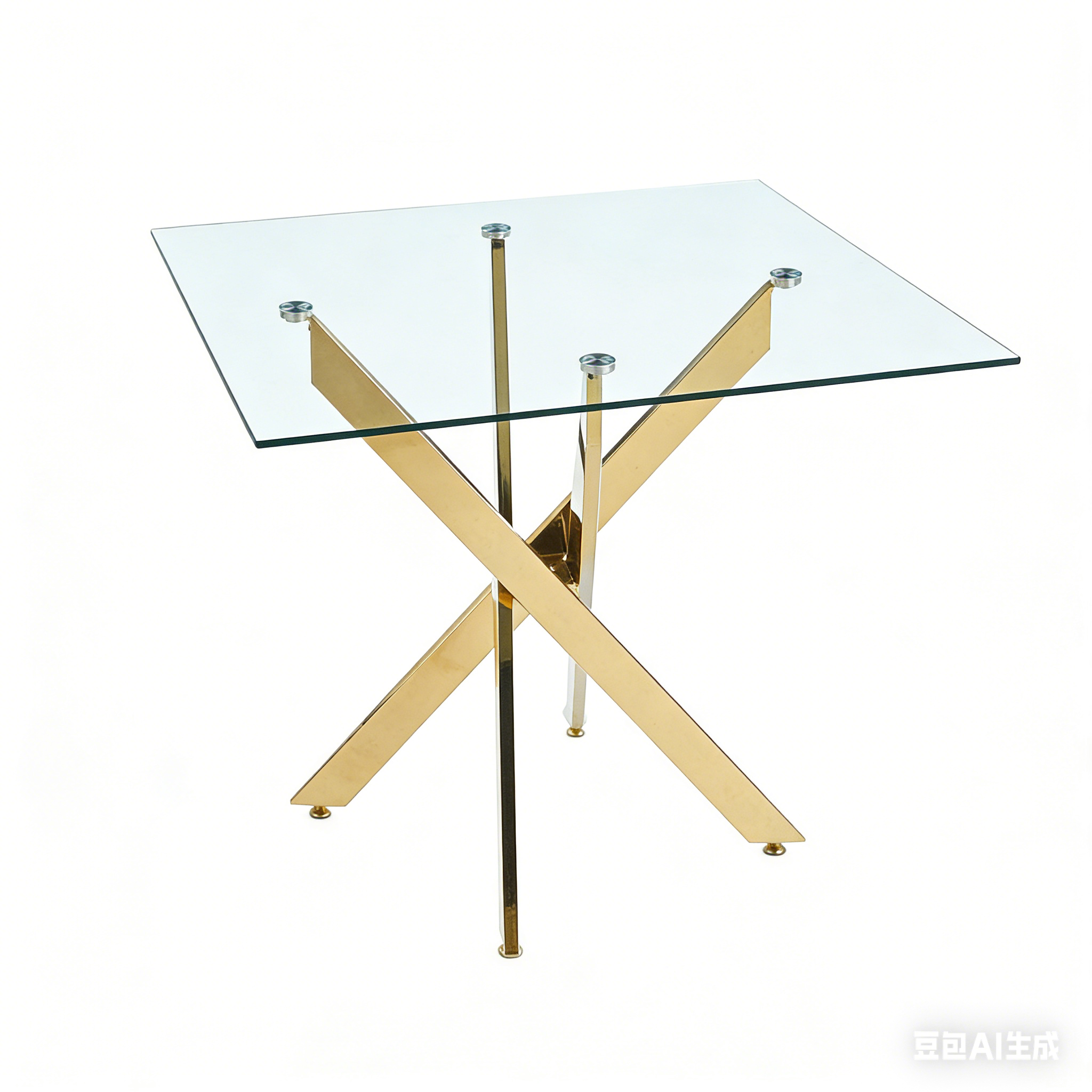 Modern Square Dining Table with Golden Metal Legs and Tempered Glass Top, 90x90x75cm