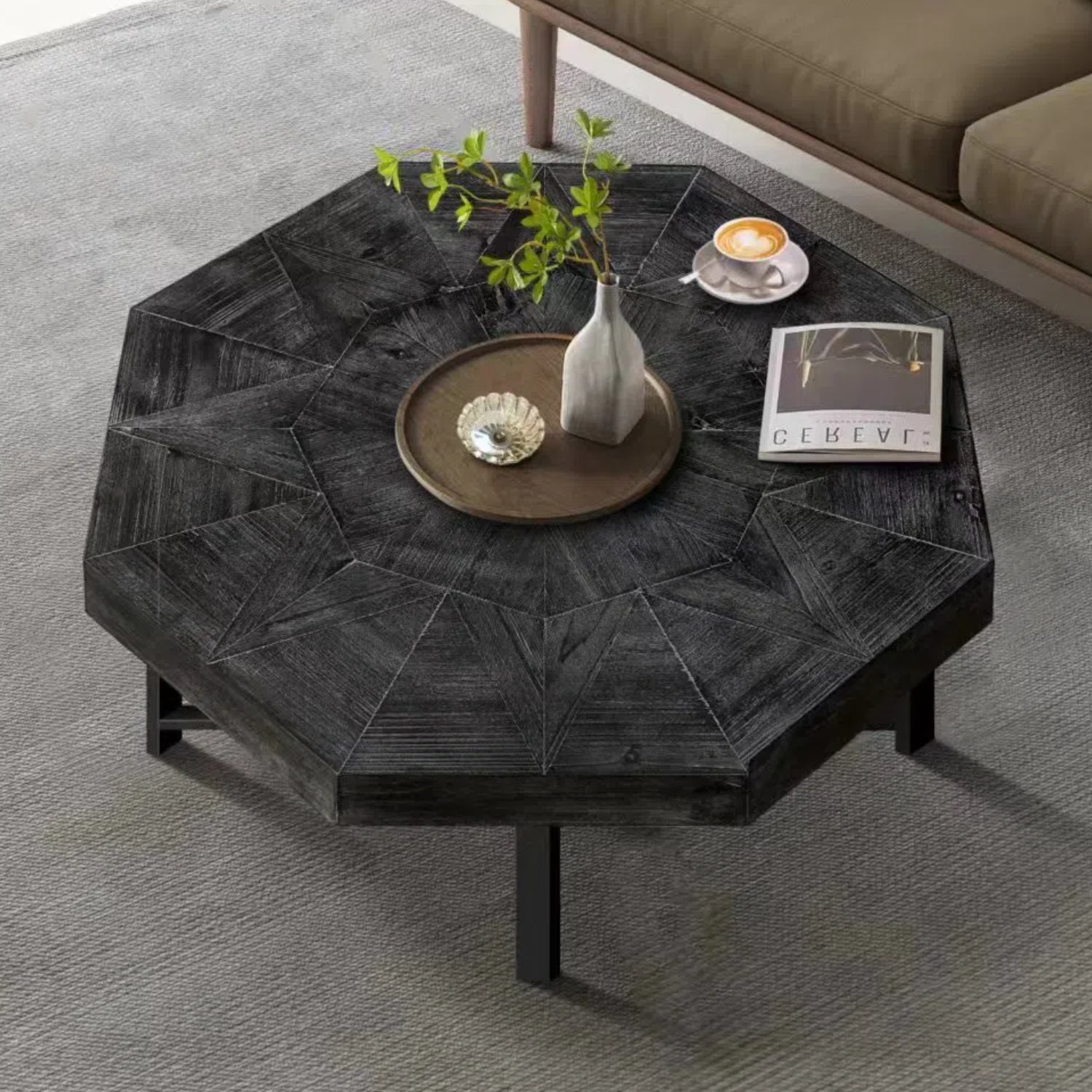 Octagonal Vintage Patchwork Craft Farmhouse  Wooden Coffee Table