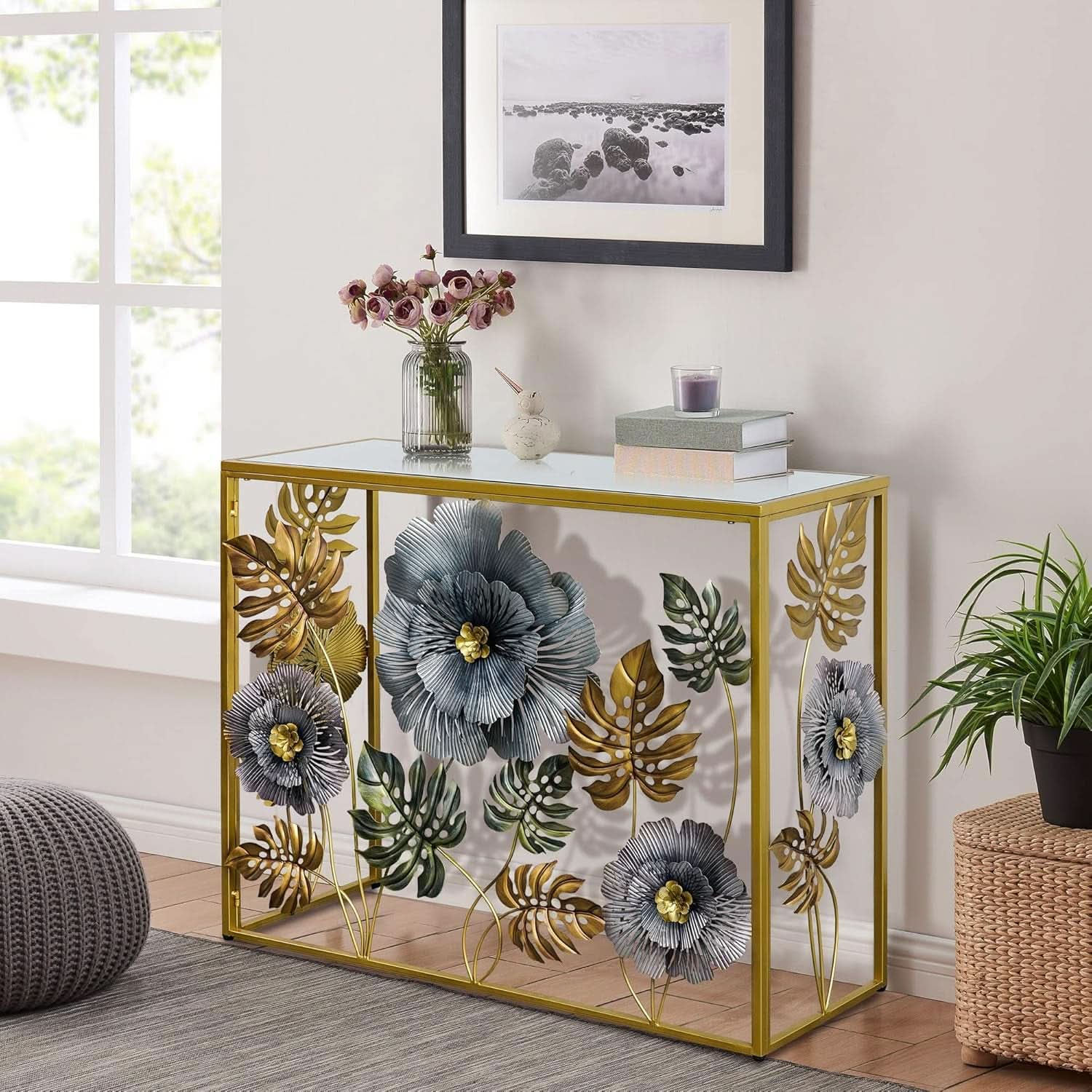 Handcrafted Gilded Frame Console Table With Floral-1