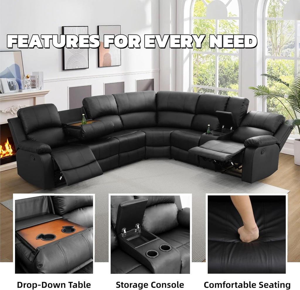 Manual Recliner Sectional Sofa Set Bonded Leather Black-3