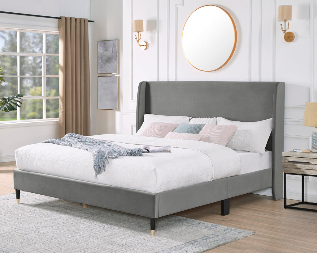 Rozitta Gray Velvet Wingback Platform Bed, Queen