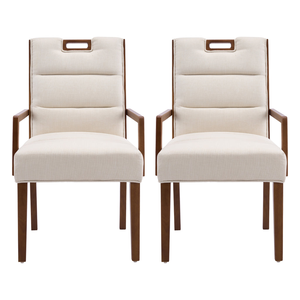 Upholstered Dining Chairs with Armrests, Beige Fabric & Walnut Rubber Wood Frame, Set of 2