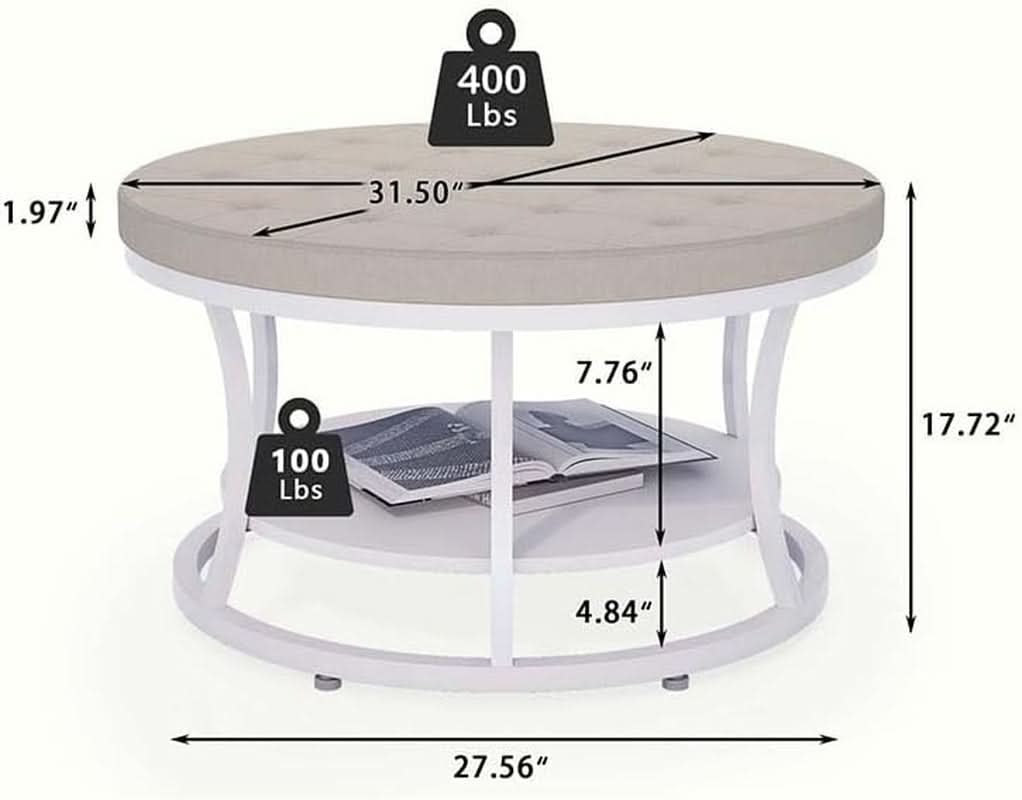Beige 31.5-Inch Round Ottoman Coffee Table Storage
