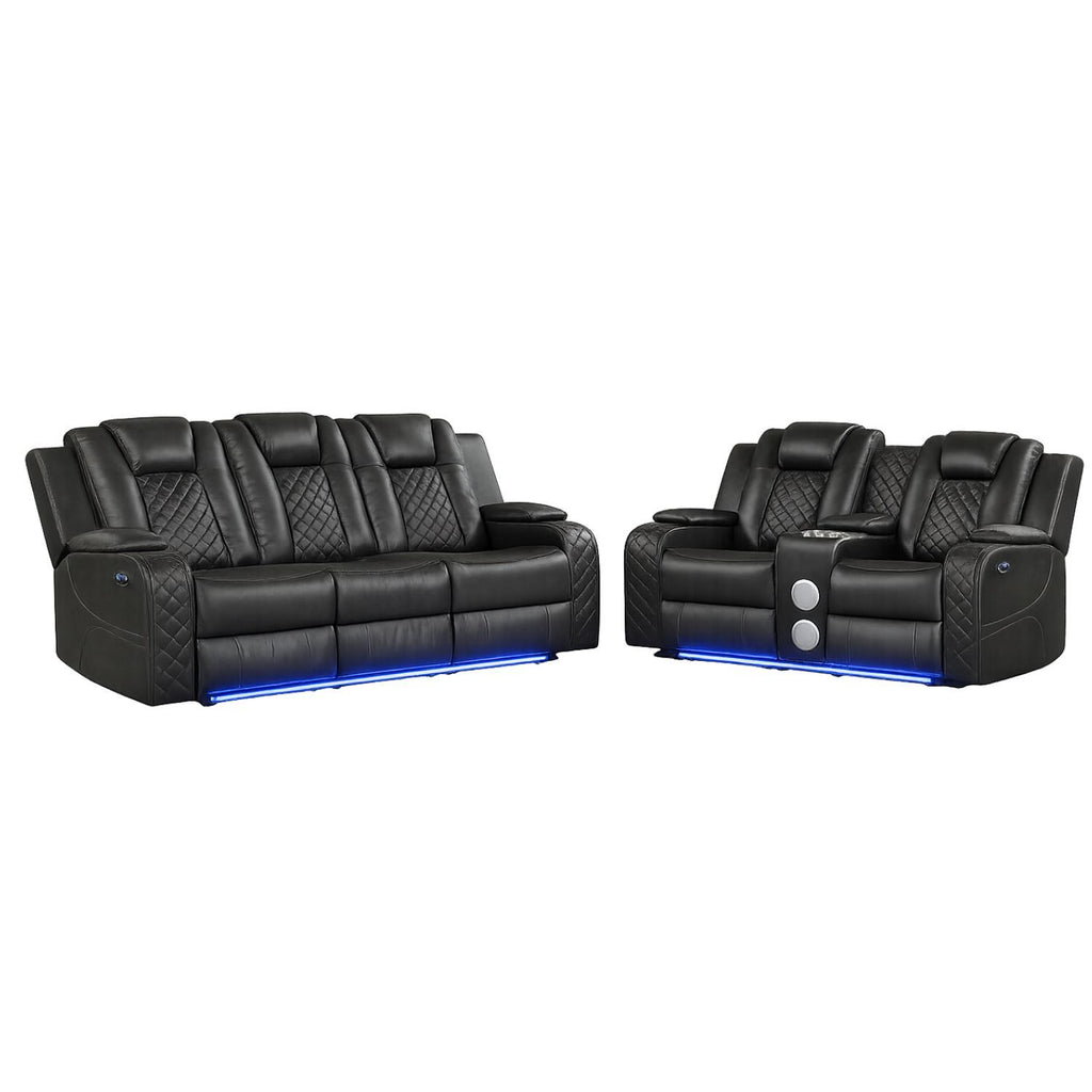 Benz LED & Power Recliner 2 PC Set in Gray Faux Leather with Pebbled Texture and Built-in LED Lighting