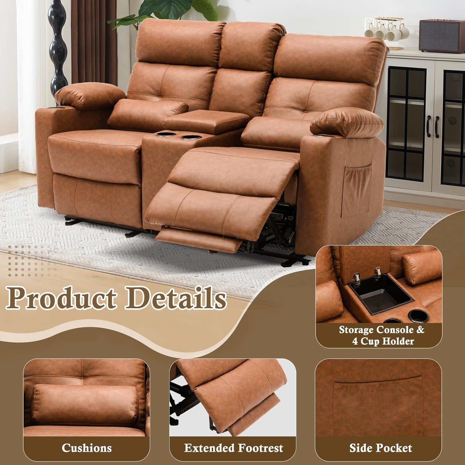 Power Recliner Loveseat With Console Yellowish Brown-4