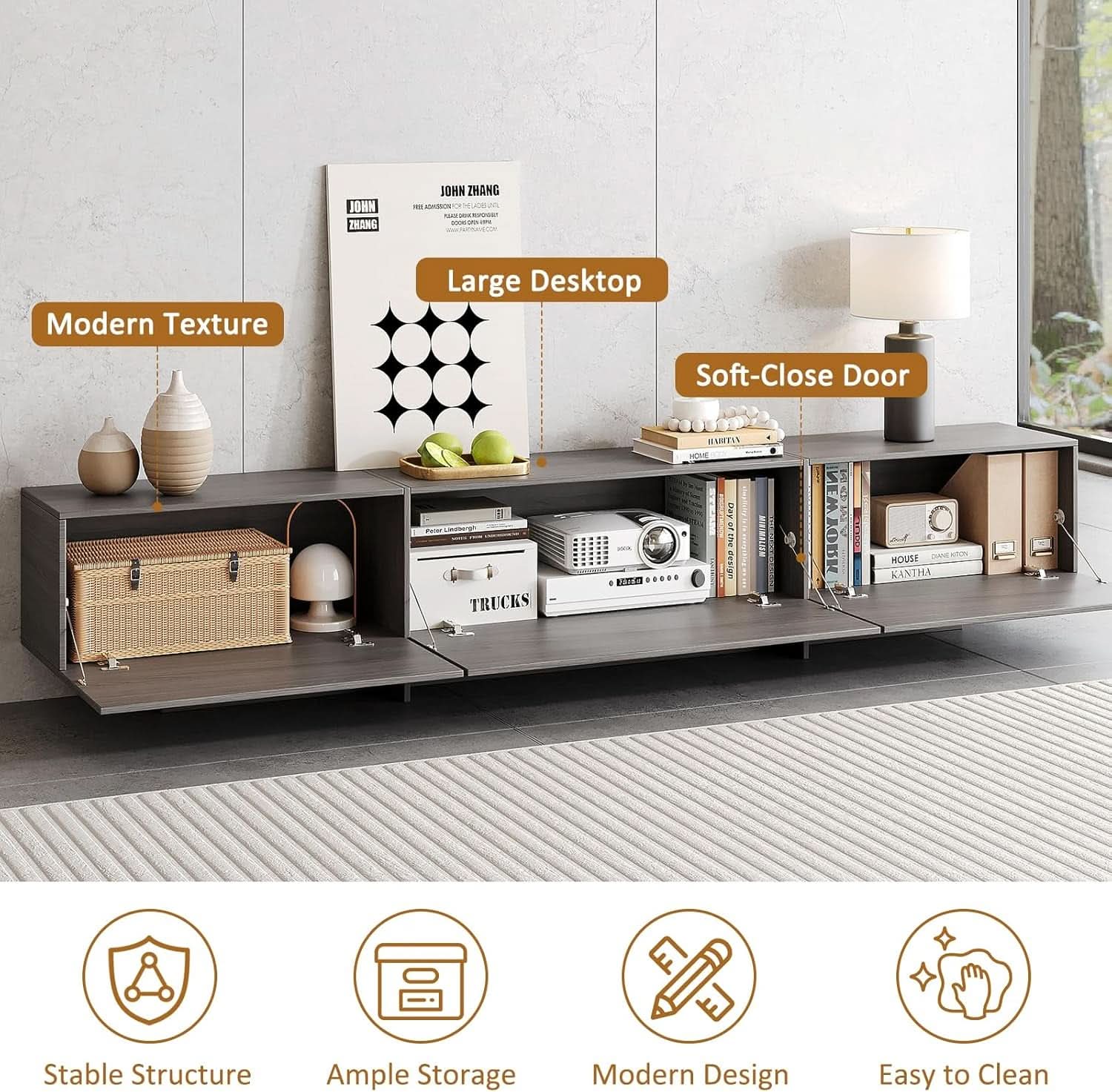76.4 Grey Modern TV Stand With Ample Drawers And Storage Solutions