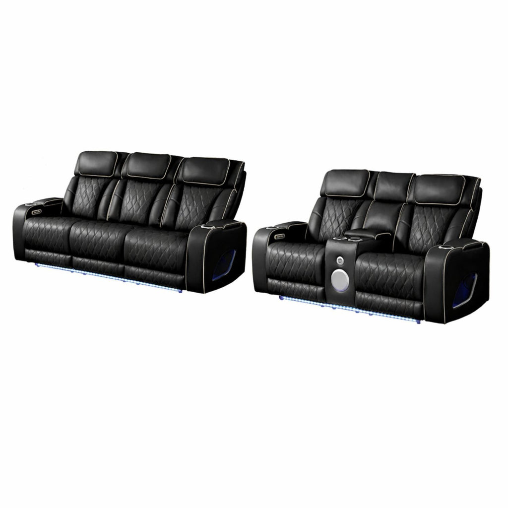 Fortuner Power Reclining 2Pc Living Room Set in Black Faux Leather with LED Lights, Massage Function, Bluetooth Speakers and Wireless Charging