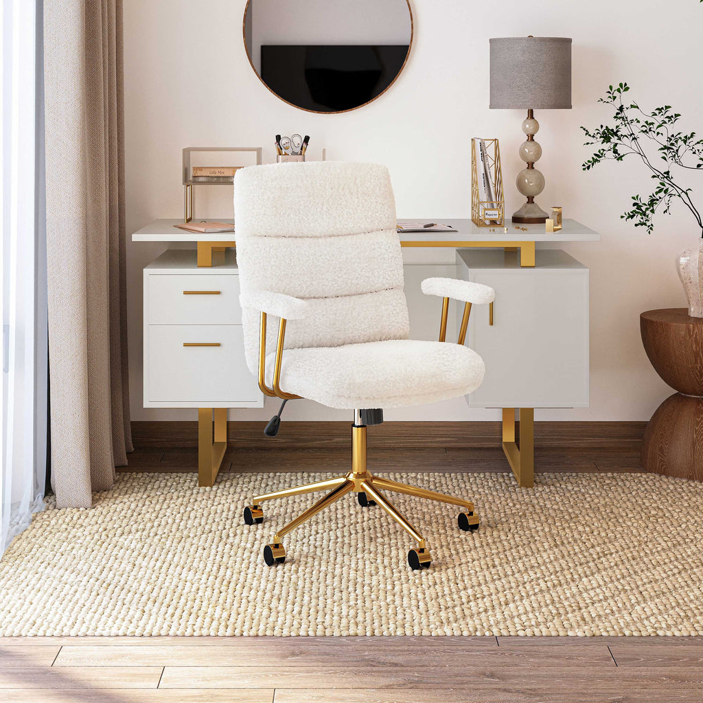 Teddy Boucle Fabric White and Gold Office Chair