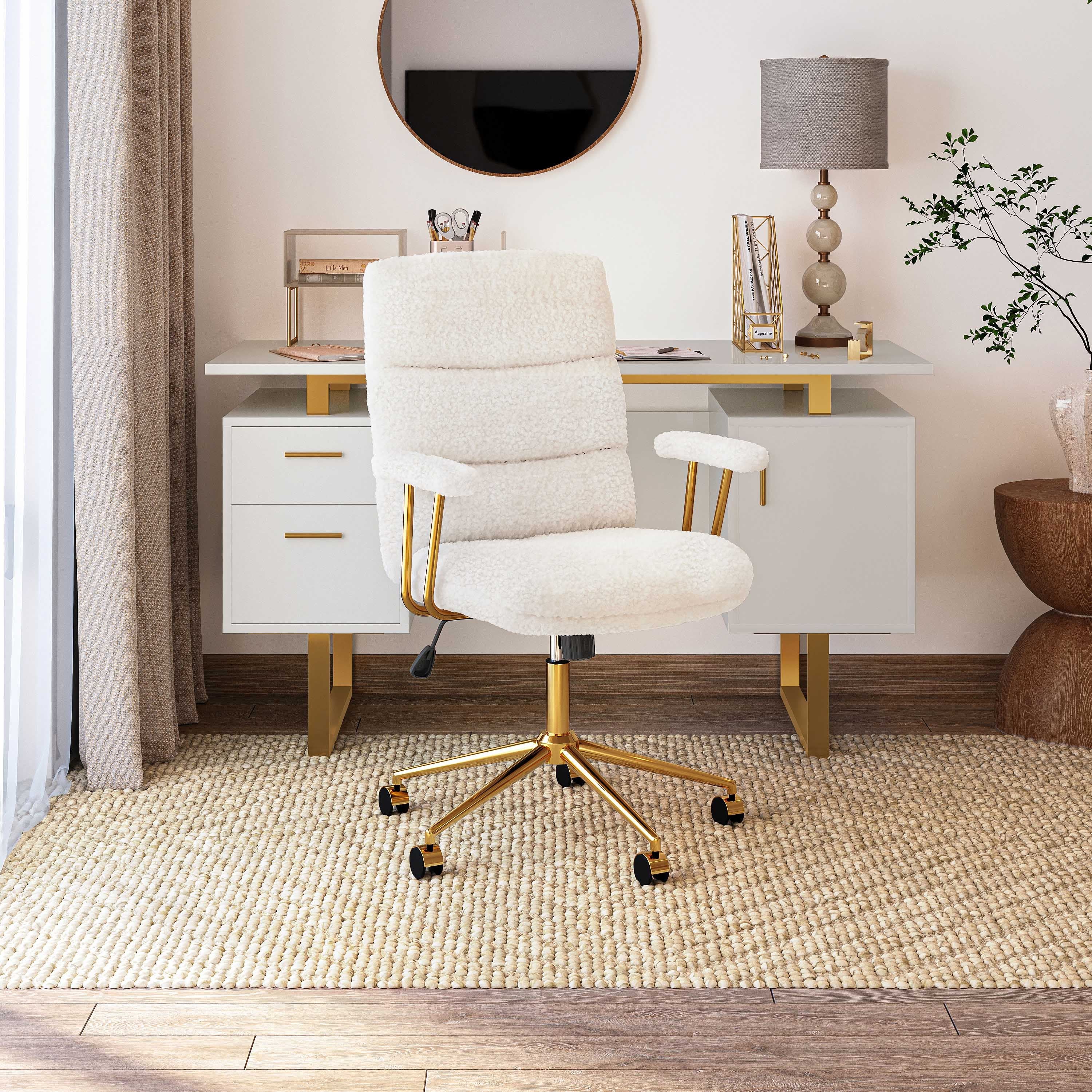 Teddy Boucle Fabric White and Gold Office Chair