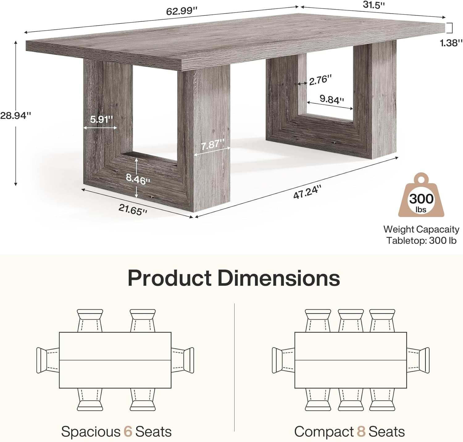63 Inch Grey Farmhouse Dining Table Geometric Frame
