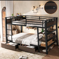 Full  Size Metal Bunk Bed with Storage Shelves , LED light strip, and USB power strip, black