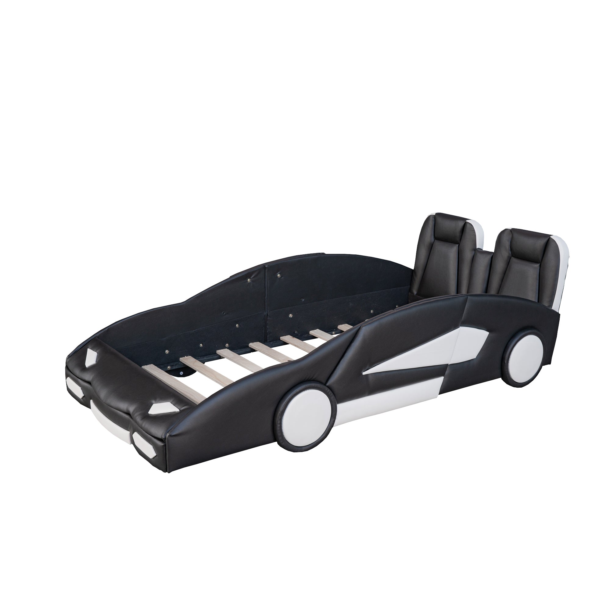 Black Race Car-Shaped Twin Platform Bed with Wheels, Pine Wood Construction