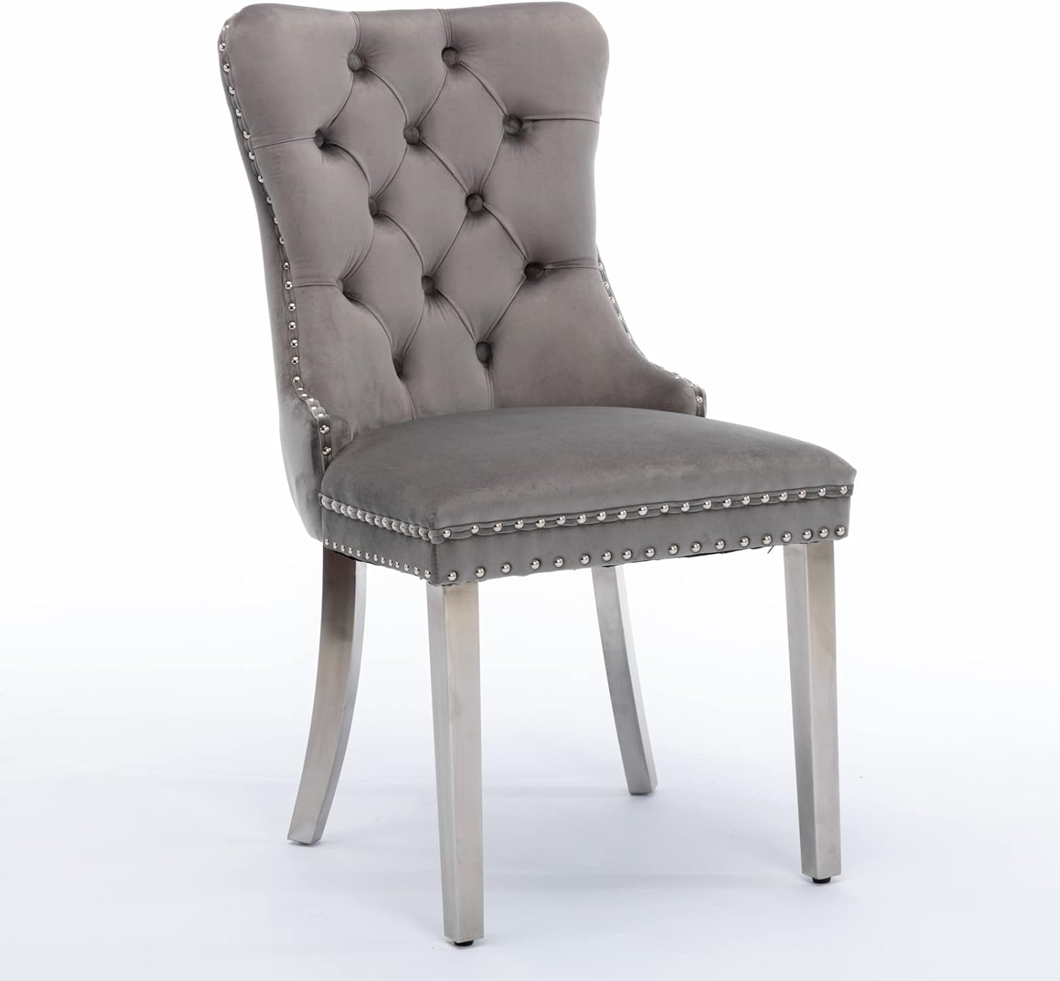 Nikki Collection Modern, High-end Tufted Solid Wood Contemporary Velvet Upholstered Dining Chair with Chrome Stainless Steel Plating Legs,Nailhead Trim,Set of 2,Gray and Chrome, SW1701GY