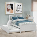 Minimalist Twin Size Platform Bed with Trundle in White Finish, Solid Pine Wood Frame
