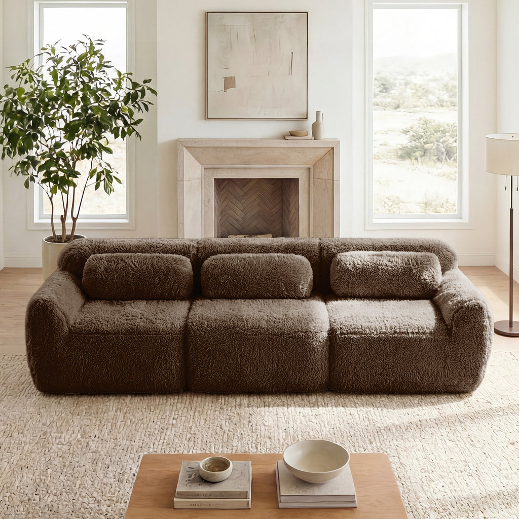 114''Soft And Fluffy  Plush Fabric,Modular Sectional Sofa Couches,Ergonomic Design With Throw Pillows,Full-compression Vacuum Packaging   Buckle Connection  For Study,Home Theater,Chocolate
