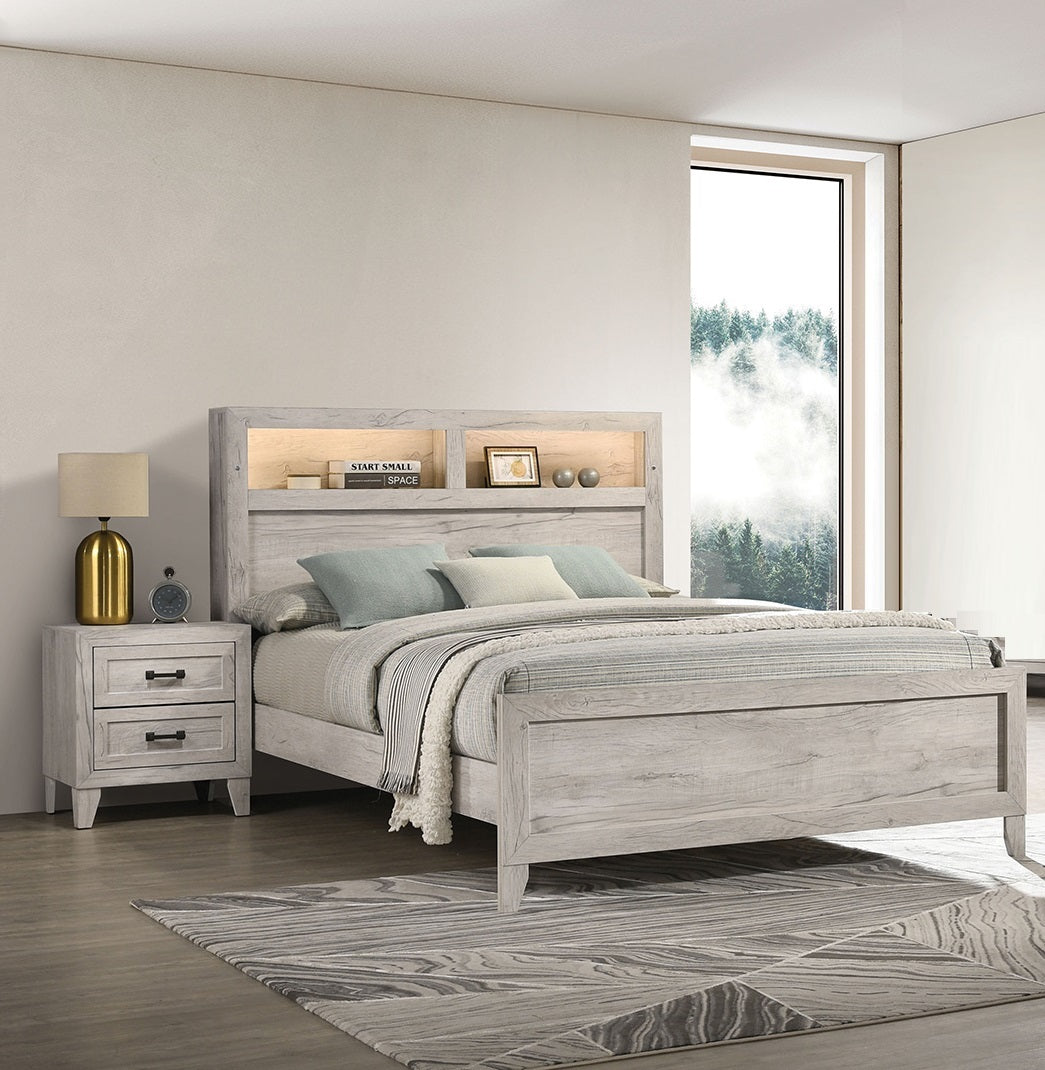 3pc Bedroom Furniture White wash Finish Full Size Bed w Shelf Light 2x Nightstands Melamine Top Black Bar Pull