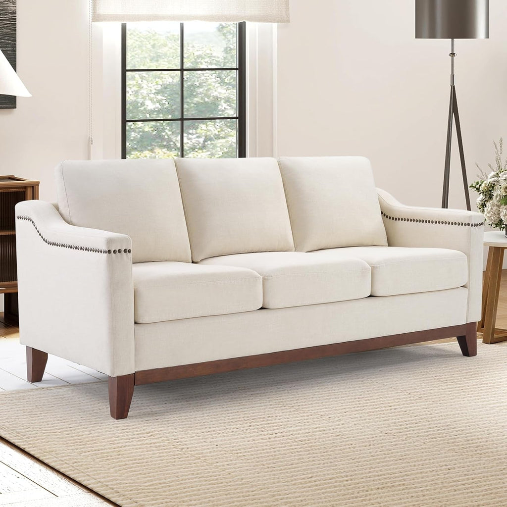 Beige ThreeSeater Upholstered Sofa With Nailhead Trim-0