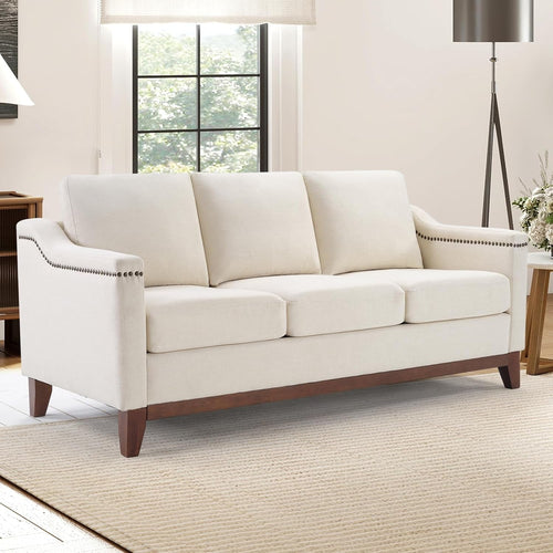 Beige ThreeSeater Upholstered Sofa With Nailhead Trim-0