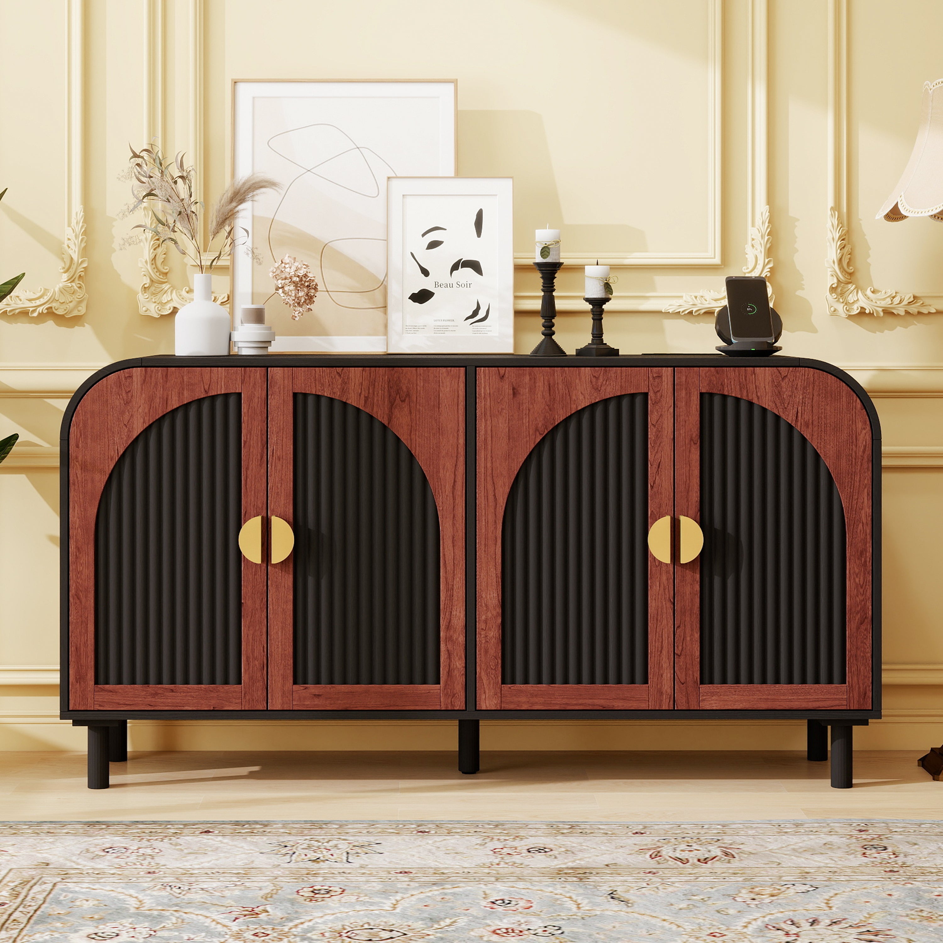 Vintage Arched Sideboard Cabinet with Gold Half-Moon Handle, MDF Storage Cabinet with Adjustable Shelves & Solid Wood Center Leg, 4-Door Buffet Cabinet for Dining Room, Entryway, Living Room