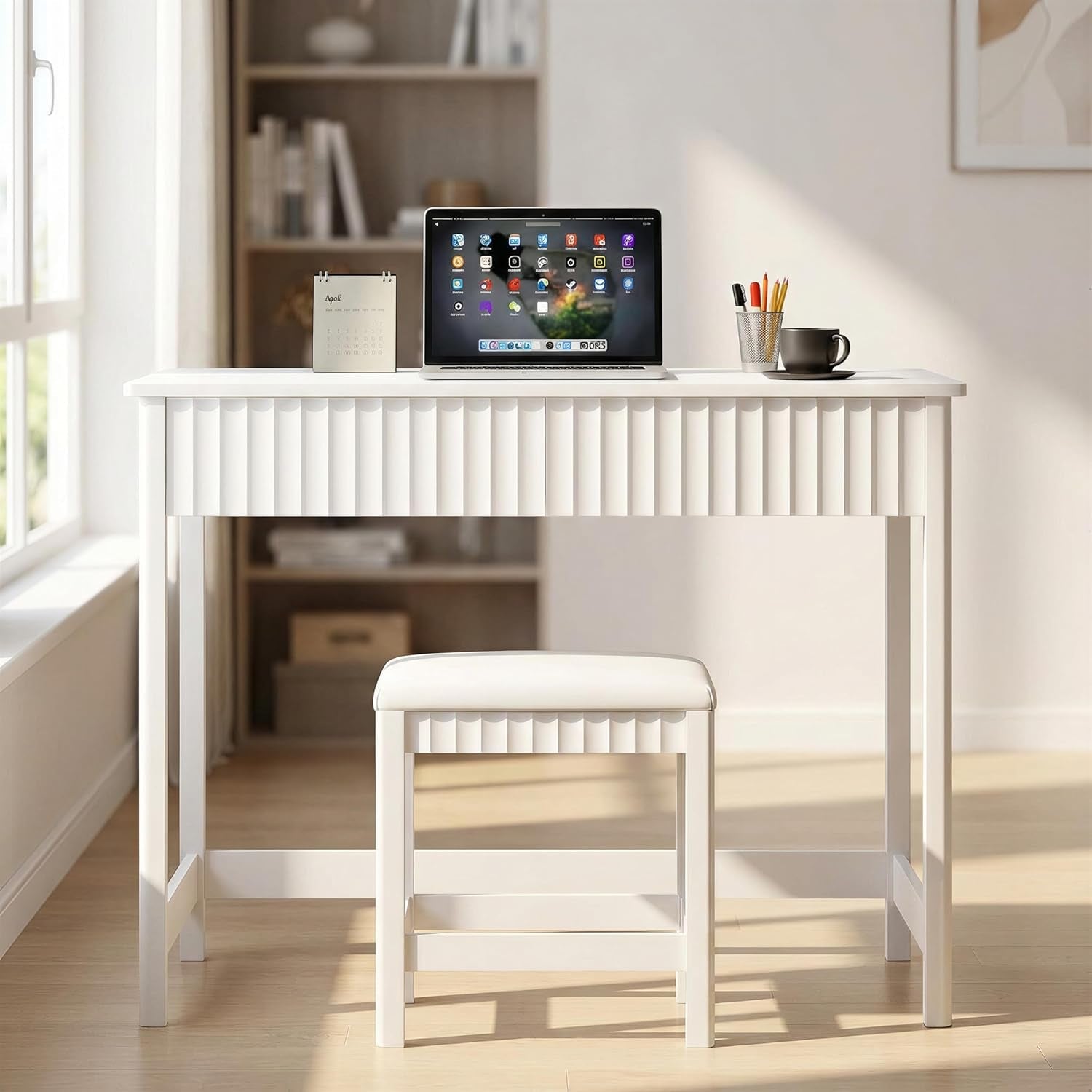 Forty Inch White Makeup Vanity Desk With Drawers And Stool-2