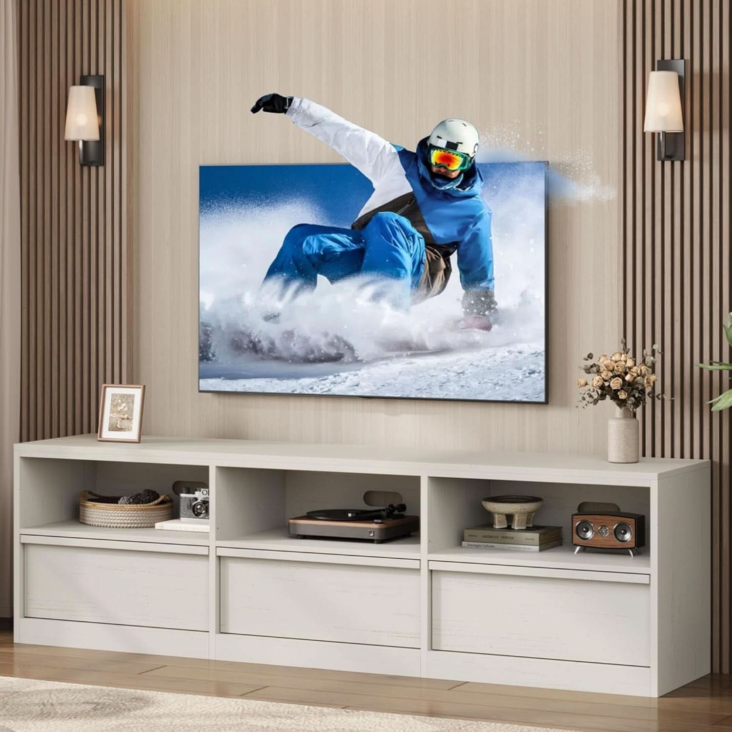 70-In TV Stand Heavy-Duty Mid-Century White Entertainment Center