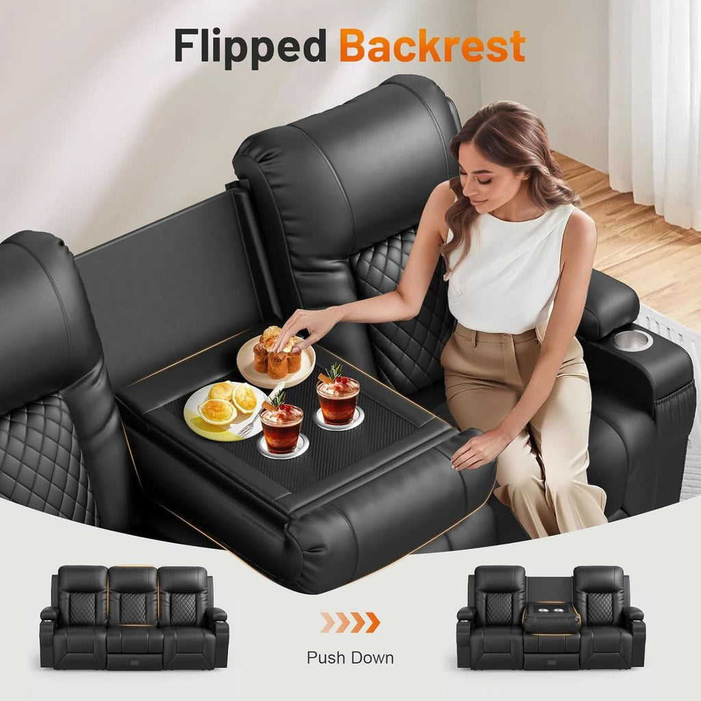 Black PU Leather Four Seater Recliner With USB Ports-2