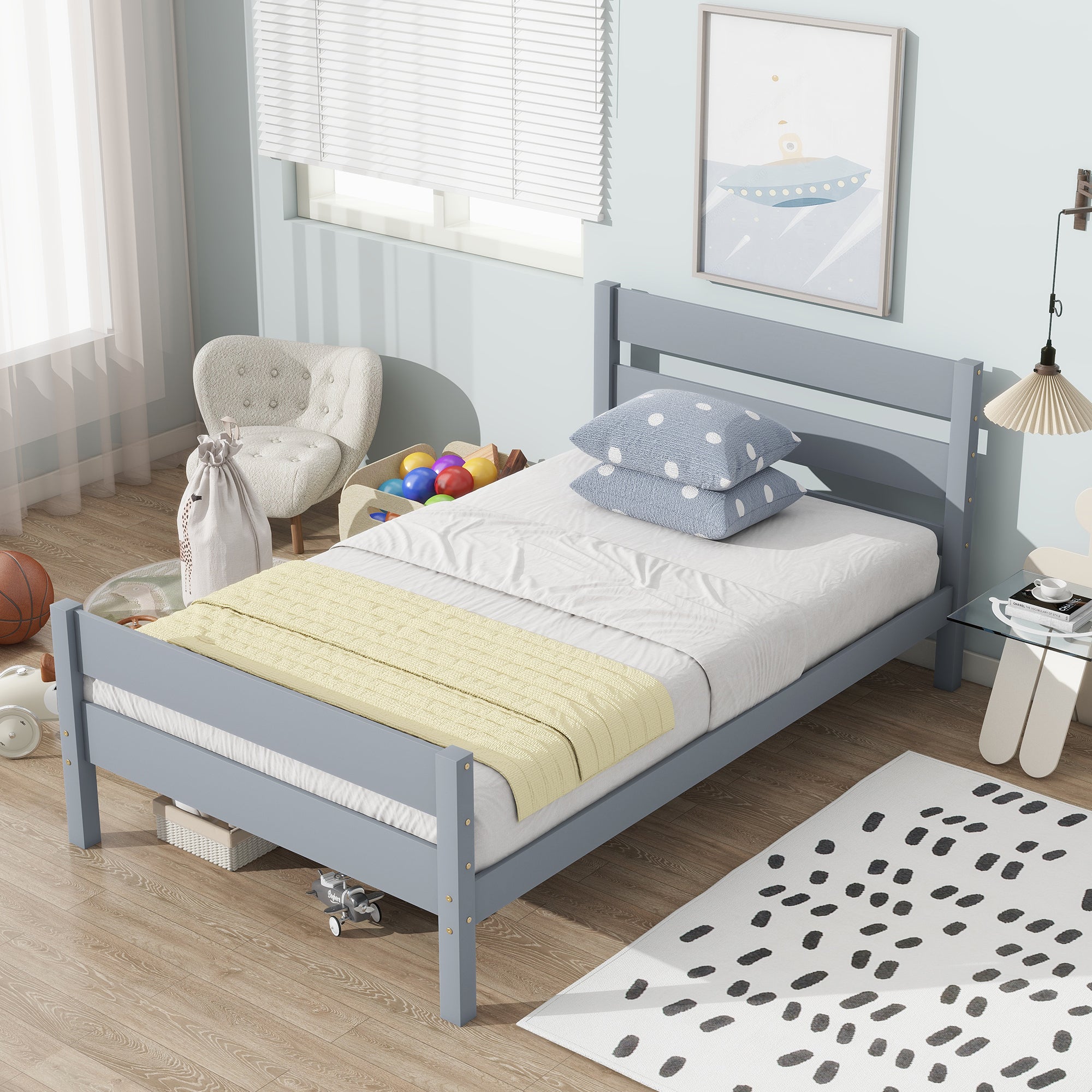 Grey Twin Bed with Headboard and Footboard