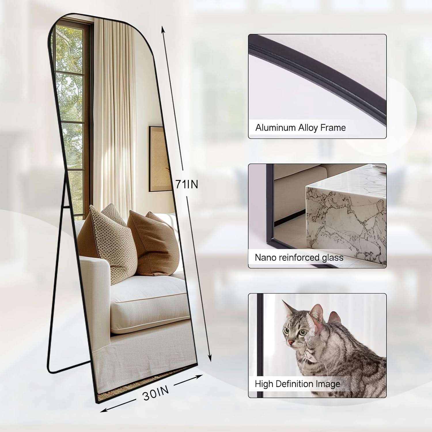 71 Inch Black Oversized Full Length Arch Floor Mirror-3
