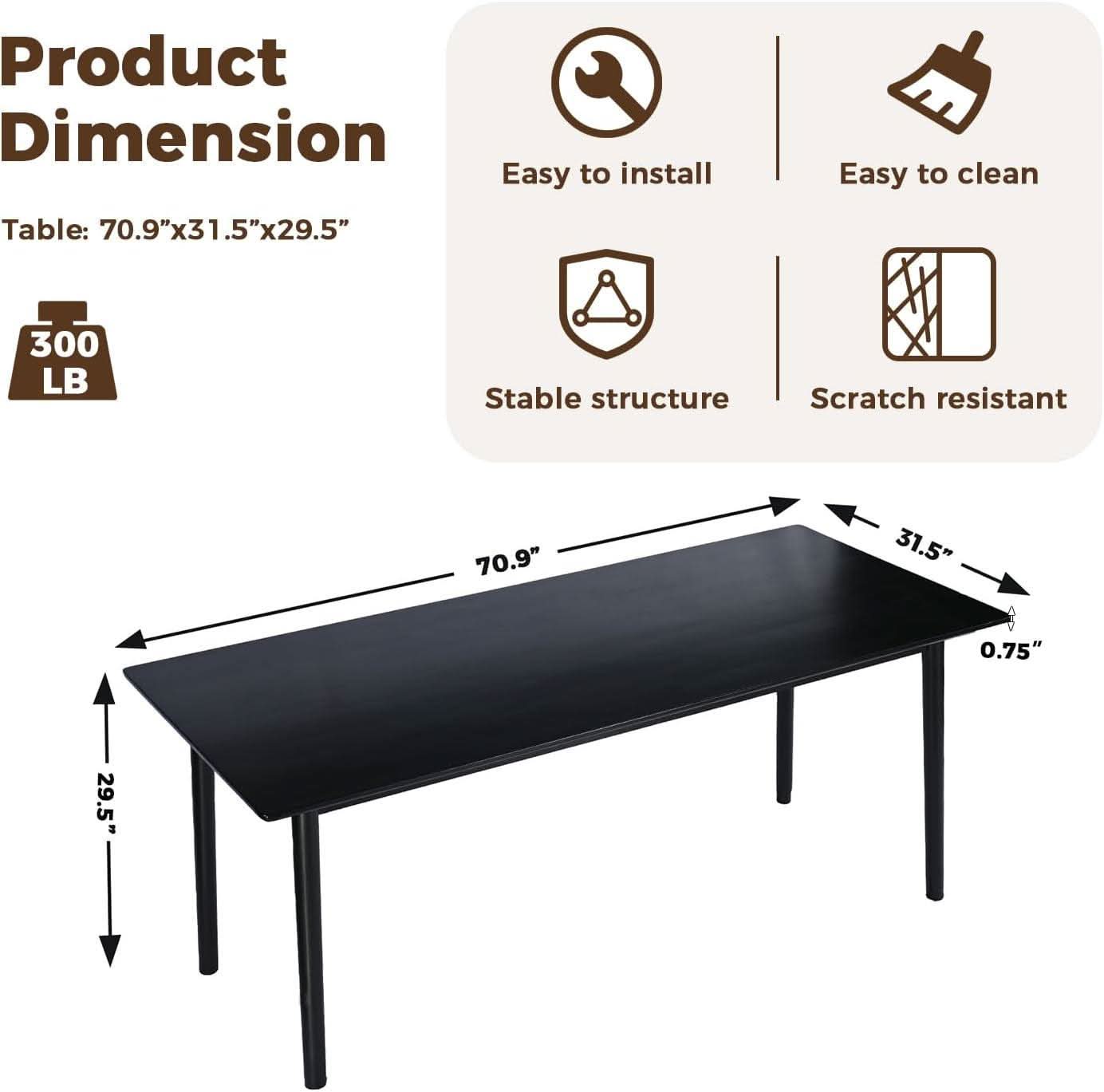 70 Inch Black Solid Oak Dining Table For 6 To 8 People-1