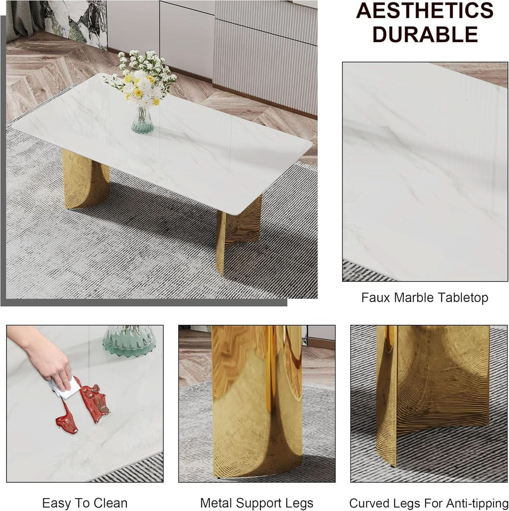 White Marble Dining Table 71 Inch Glass Top Gold Base-3