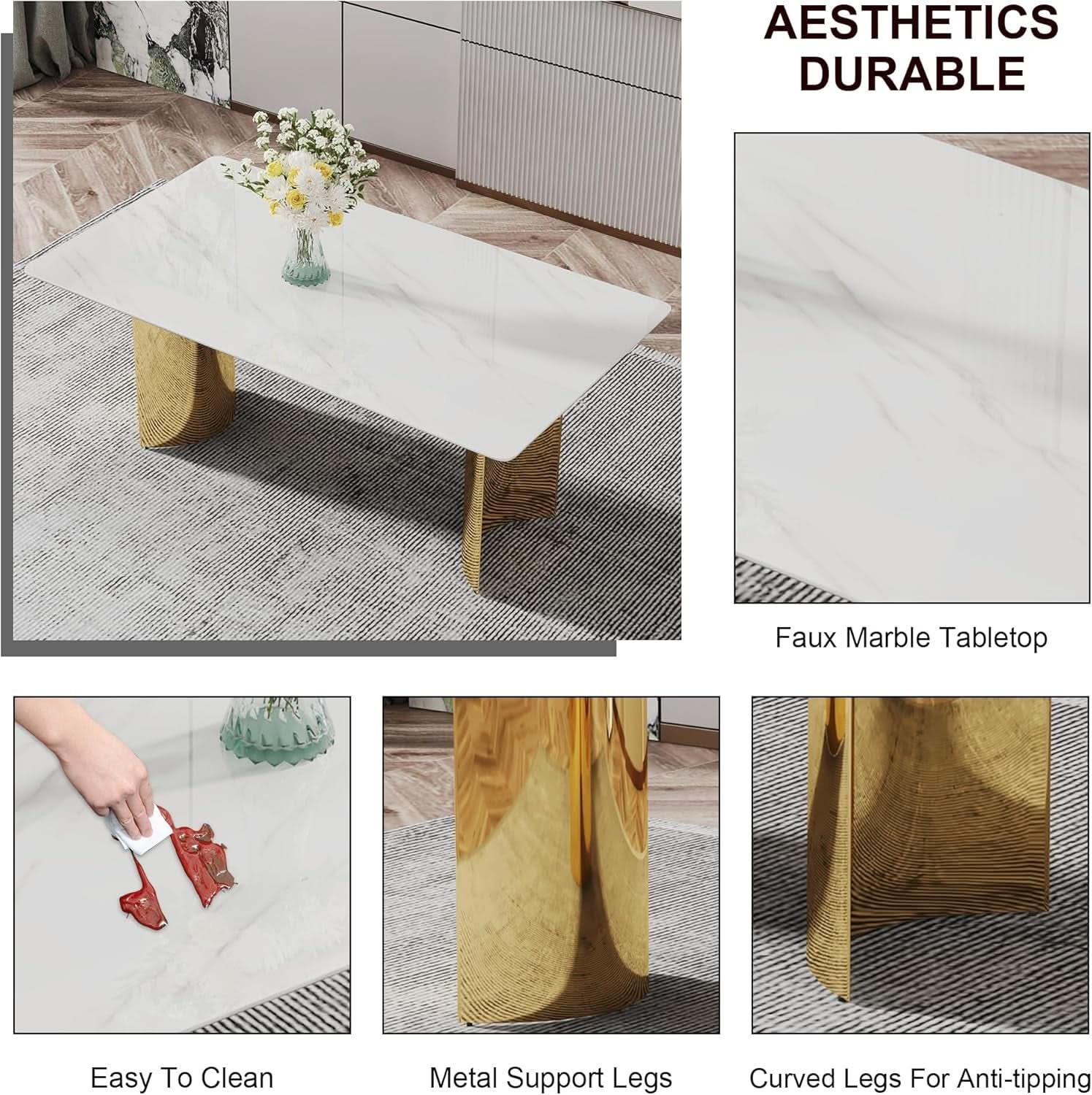 White Marble Dining Table 71 Inch Glass Top Gold Base-3