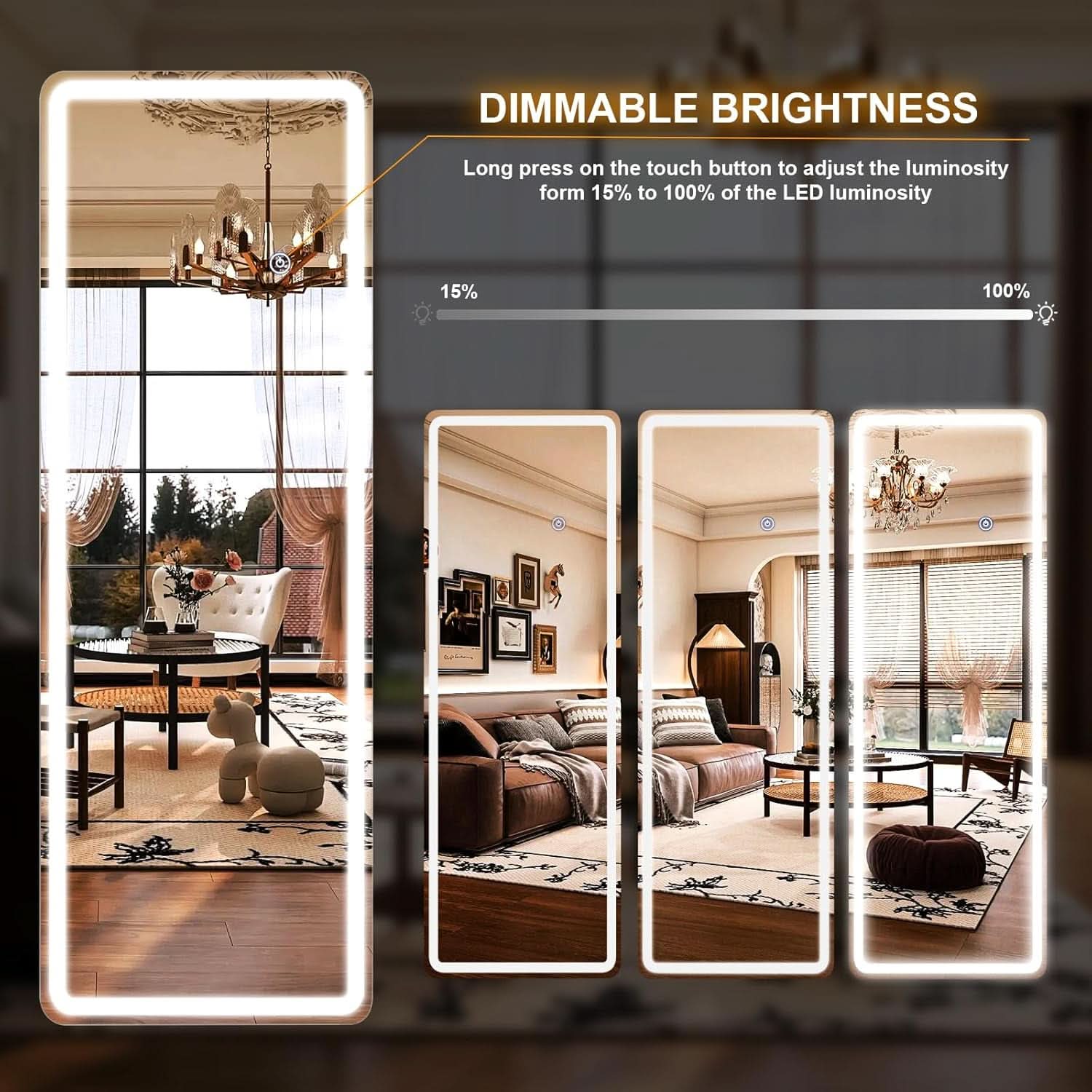 26x68 Inch Full Length Mirror With Lights LED Dimmable 3 Color Floor Standing Or Wall Hanging-3