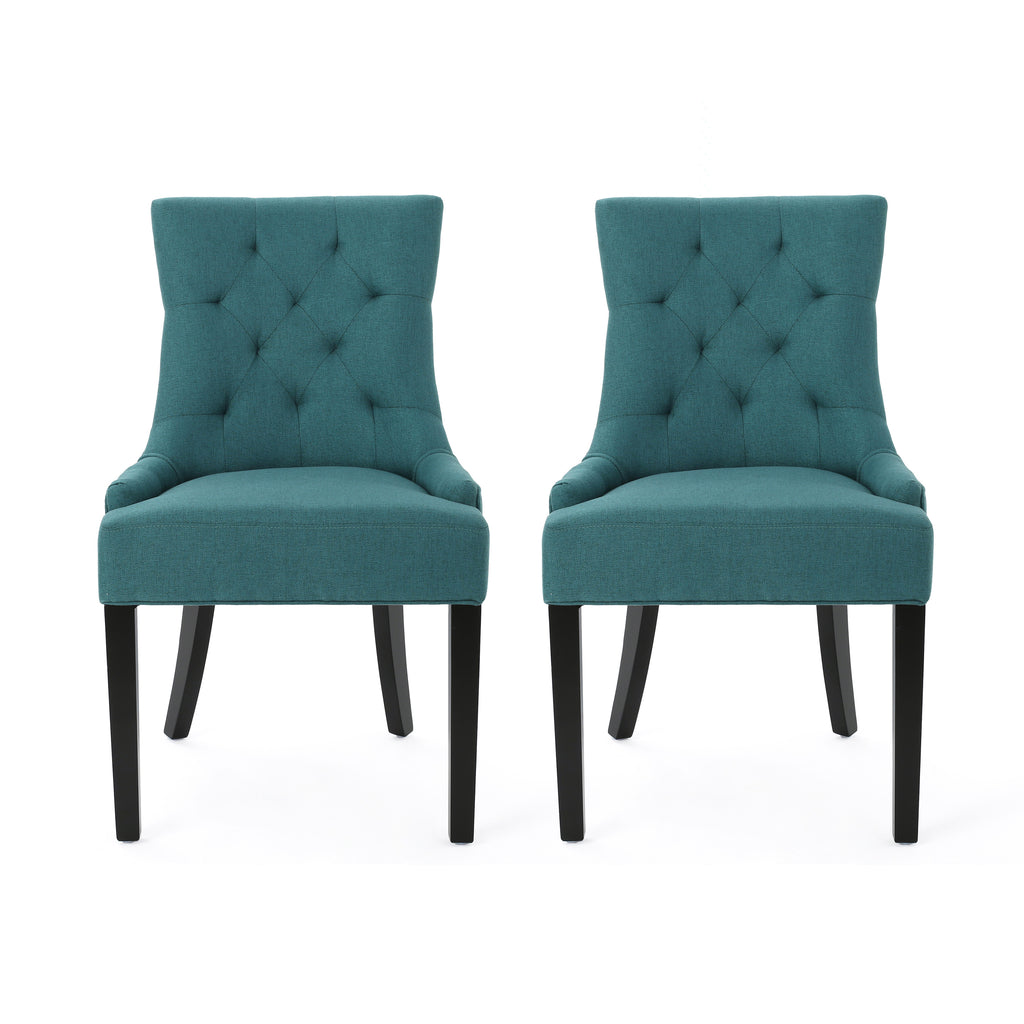 Dining Chair Set of 2 with Upholstered Diamond Tufting and Espresso Birch Legs, Teal