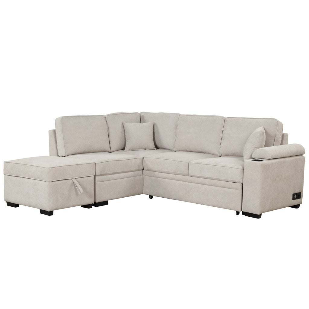2 in 1 Sleeper Sofa Bed with Storage Ottoman, Beige Linen Upholstery, 84.75' L Shape Couch for Small Spaces