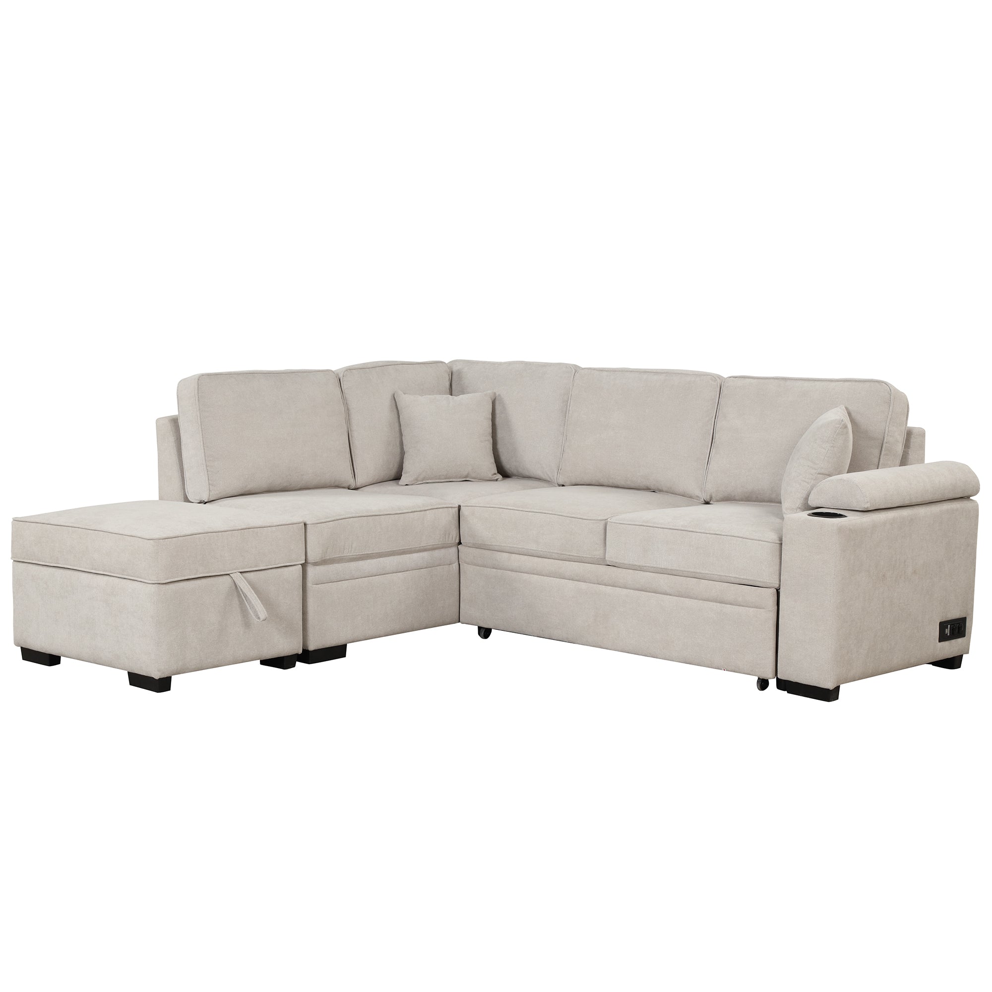 2 in 1 Sleeper Sofa Bed with Storage Ottoman, Beige Linen Upholstery, 84.75' L Shape Couch for Small Spaces