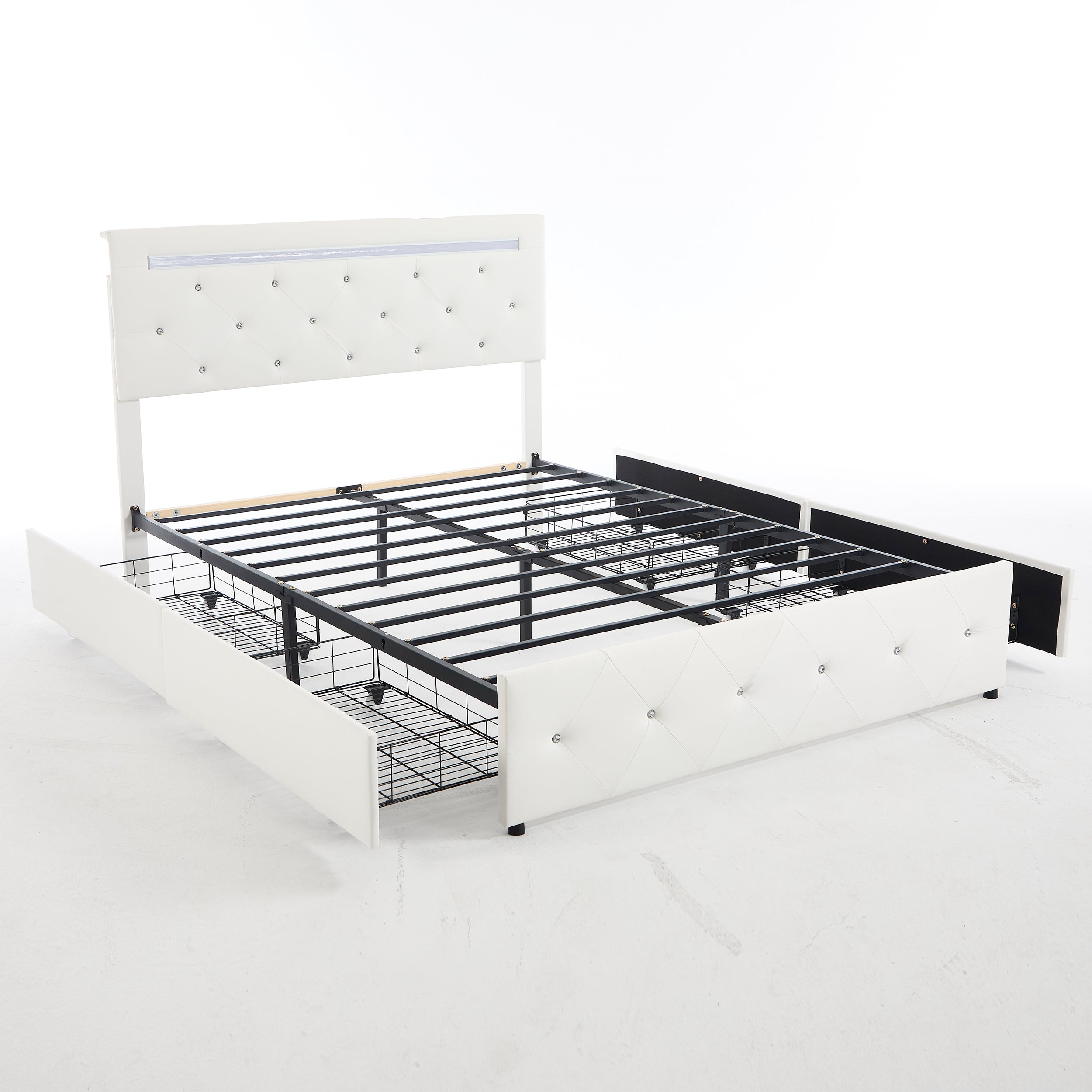 White PU Upholstered Full Size Bed Frame with LED Light, 4 Storage Drawers, Adjustable Headboard, Charging Station, Metal Frame, No Box Spring Needed