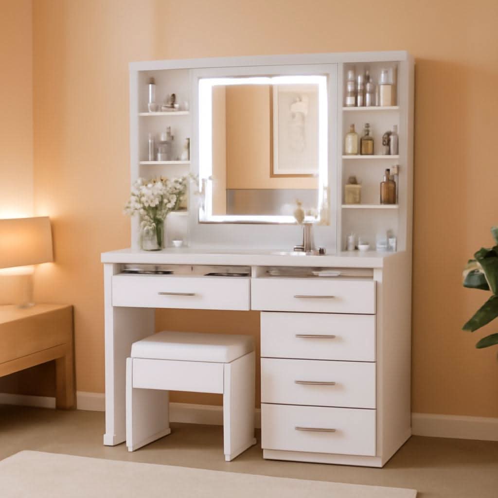 White Vanity Desk With Illuminated Mirror USB Charging Port-0