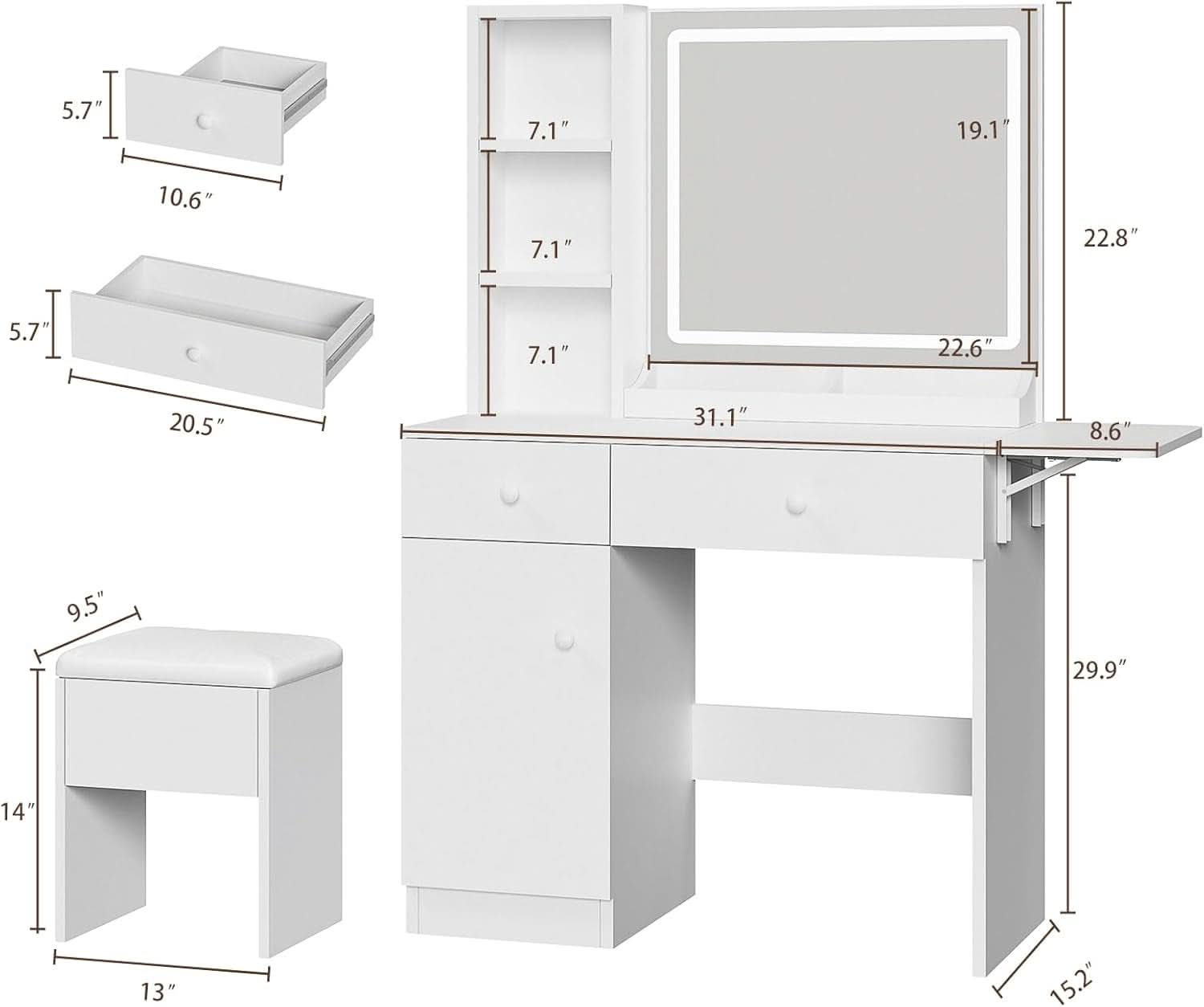 White Vanity Desk With Integrated Illumination Mirror-1