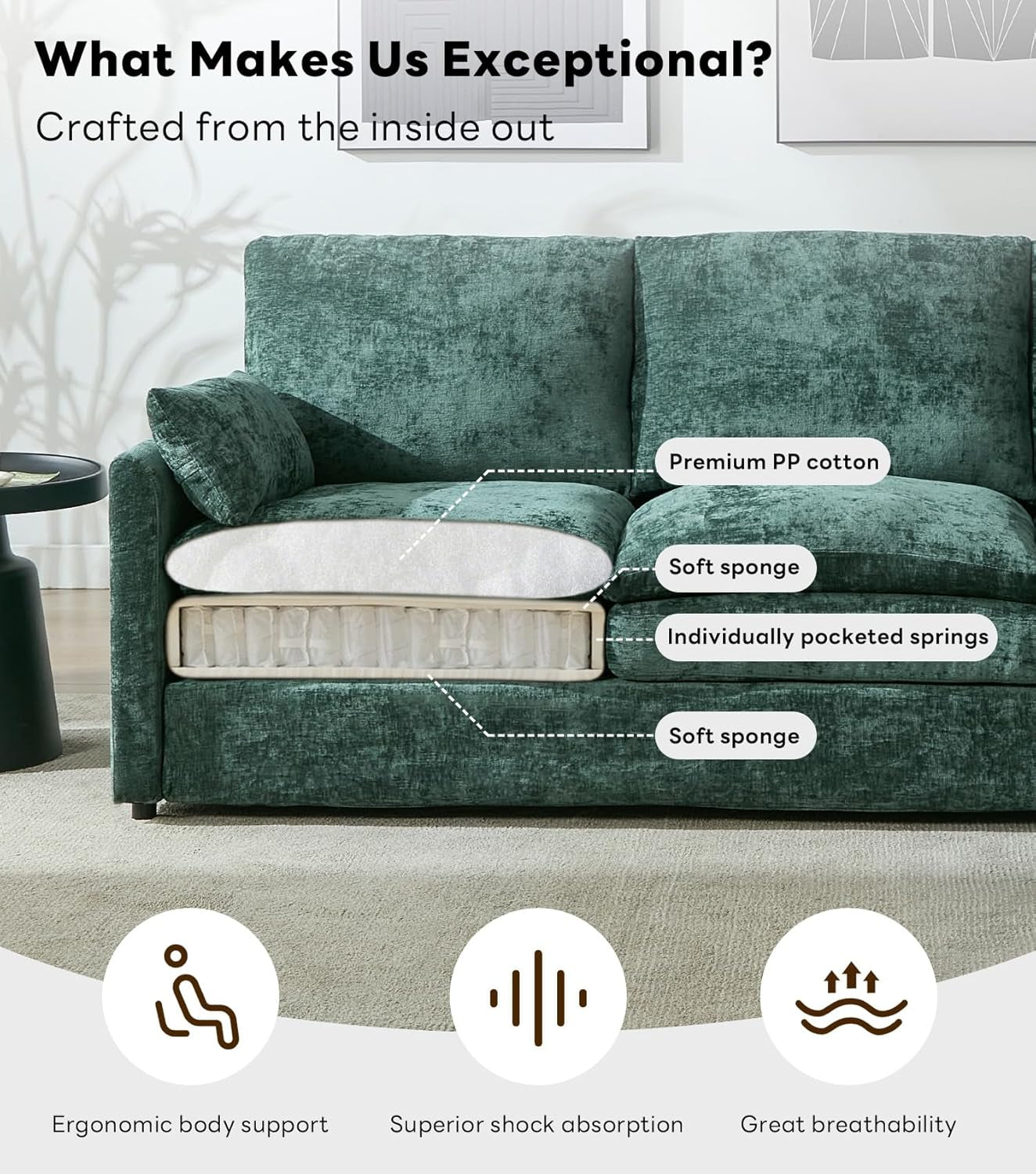 Green Chenille Cloudlike Sofa 83 Inches Ultra Comfort-3