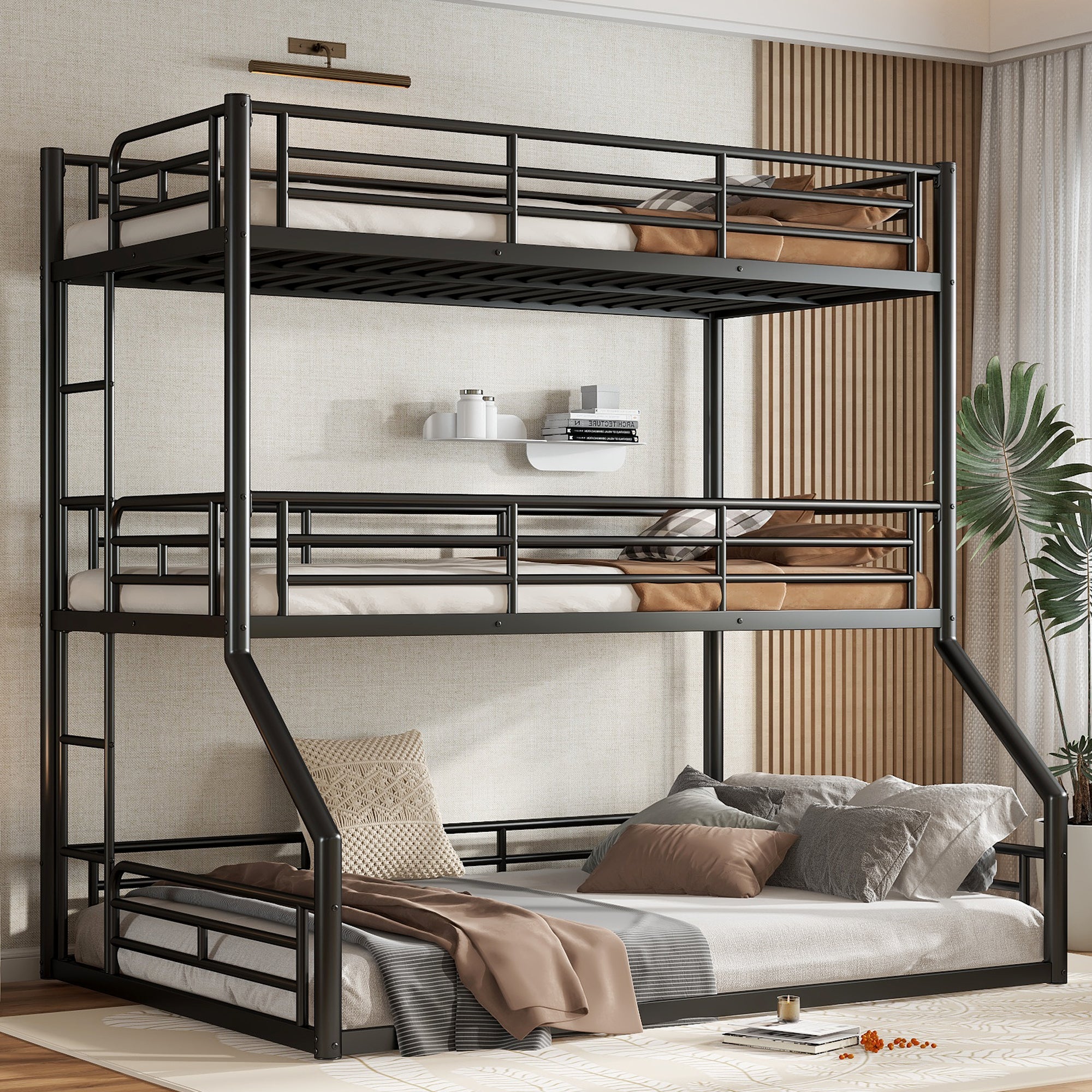 Twin over Twin over Full Bunk Bed, Metal Triple Bunk Bed with Safety Guardrails, Heavy-duty Bunk Bed with Noise-reduced Design, Black