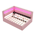 Pink Upholstered Full Size Platform Bed with USB Ports, LED Belt and Trundle - Linen Cover Wood Frame