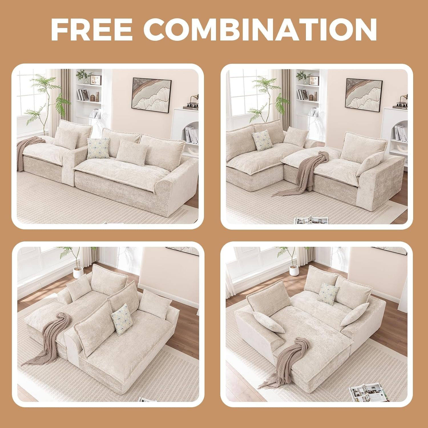 Beige 103Inch Boneless Cloudlike Modular Sectional Sofa-2